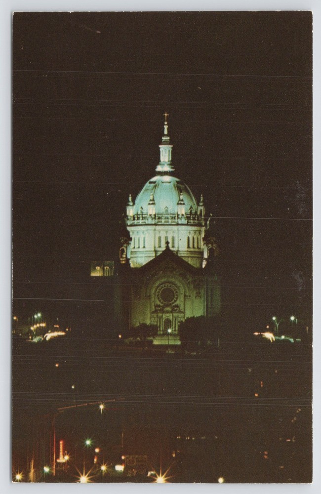 St Paul Minnesota~Cathedral of St Paul @ Night~1950s Postcard