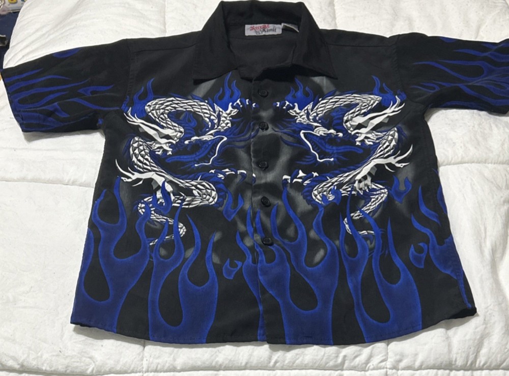 Y2K Xtreme Limit Boy’s 6/7 Black Blue Dragon Flame Graphic Button-Up Shirt