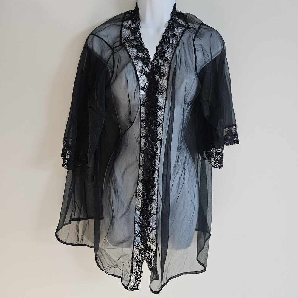 Vintage Pandora Lingerie Robe Womens Medium Black Sheer Lace Kimono Whimsigoth