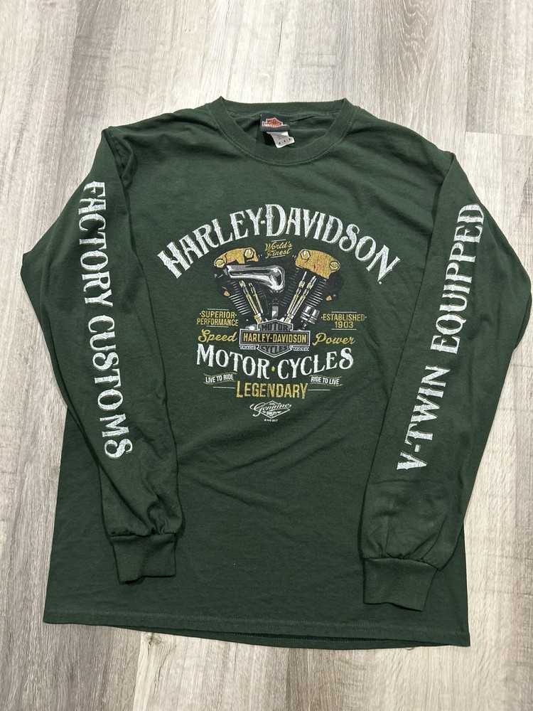 Harley-Davidson Graphic Green Long Sleeve T-Shirt Mens Size M  Crew Neck