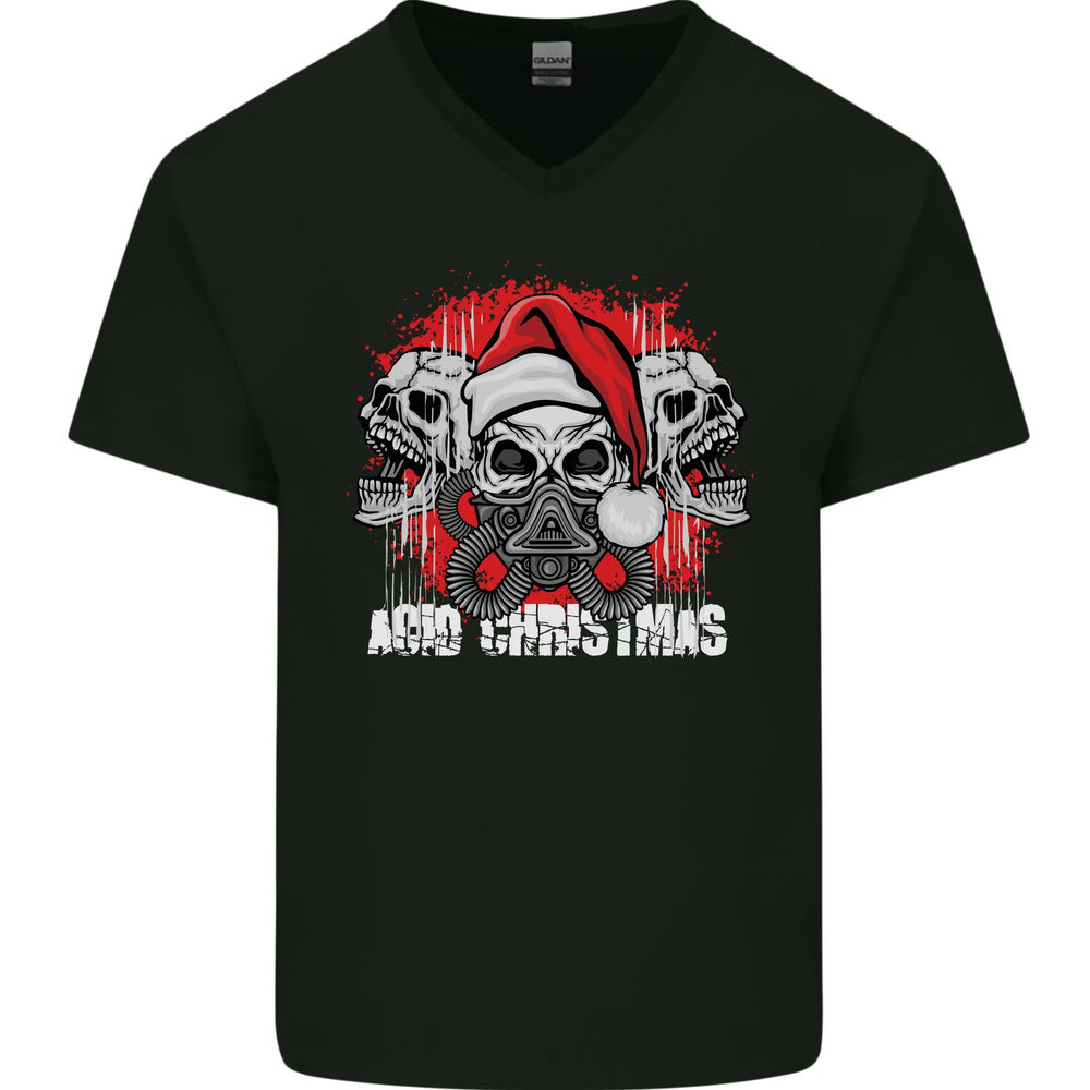 Acid Christmas Skulls Mens V-Neck Cotton T-Shirt-image