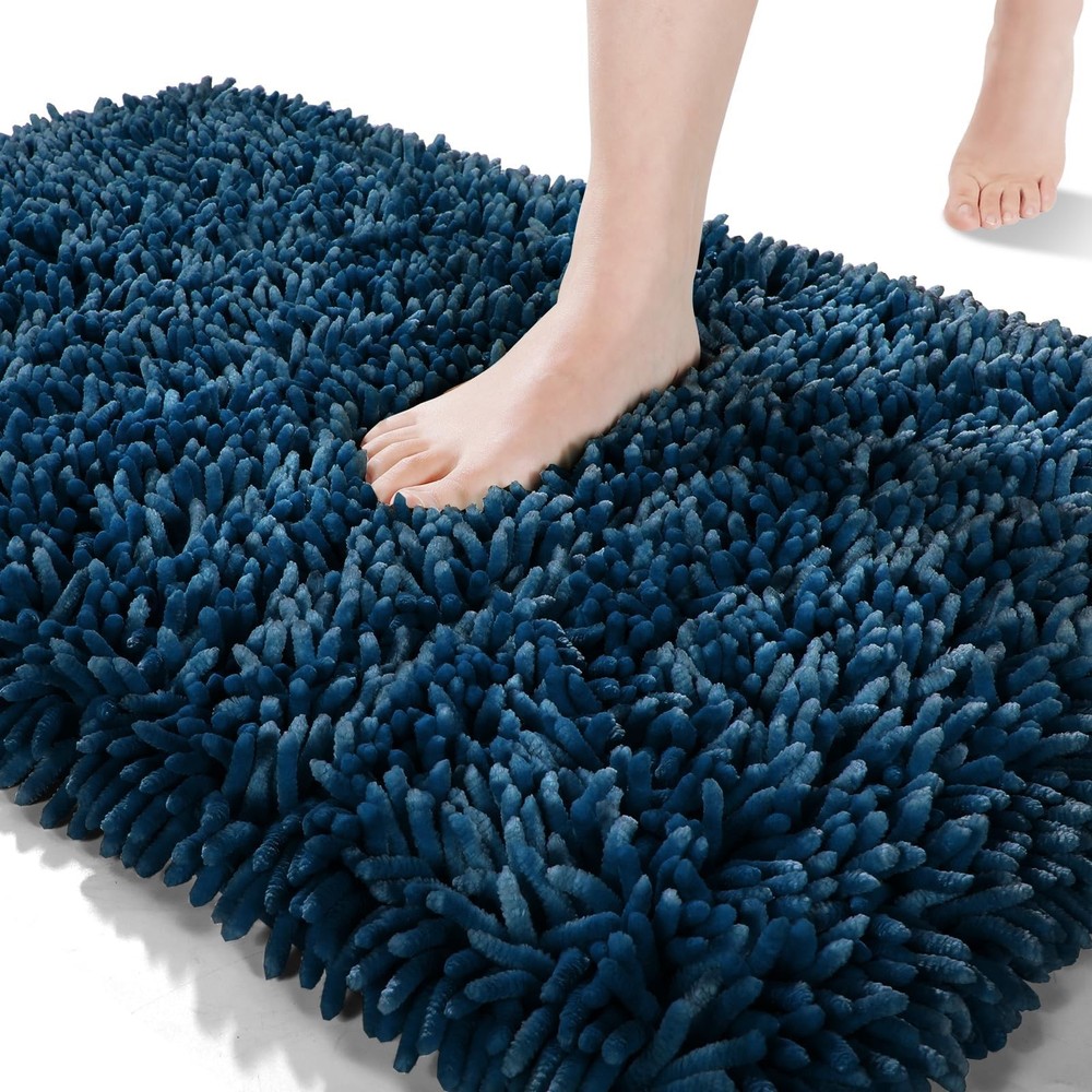Soft Non-Slip Navy Blue Chenille Bath Rug 24x17, Absorbent & Plush