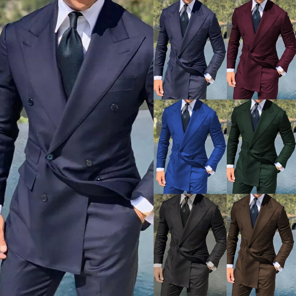Business Men's Suit Wide Peak Lapel Double Breasted Wedding Groom Tuxedo 2Pieces