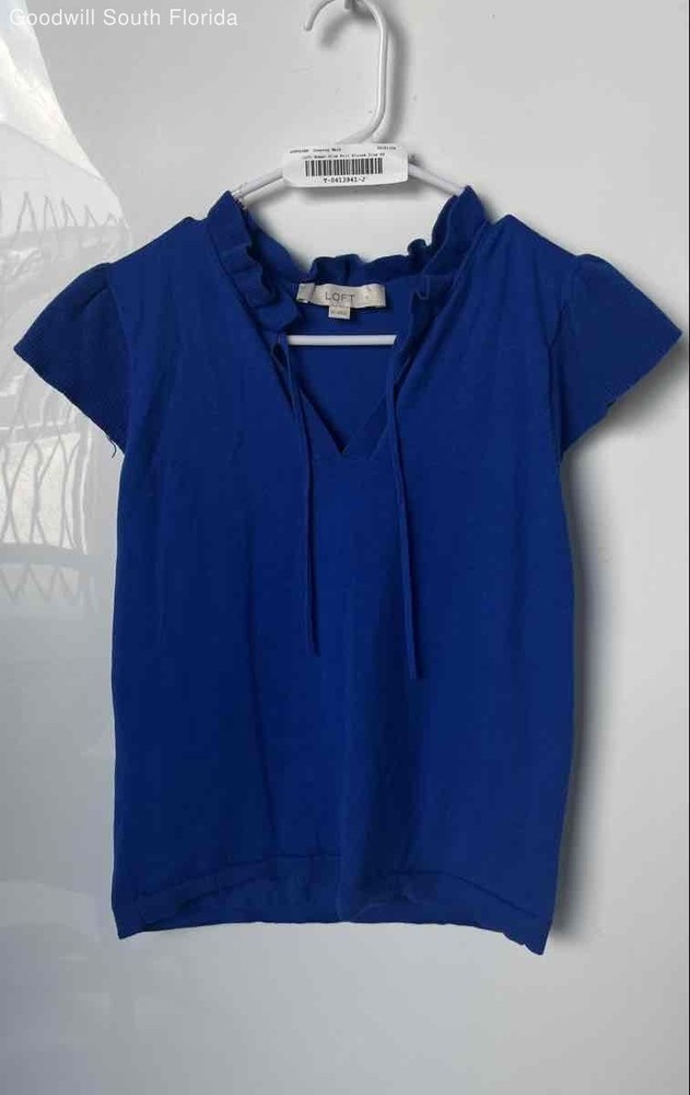 Loft Womens Blue Short Sleeve Ruffle Tie Neck Knitted Blouse Top Size XS