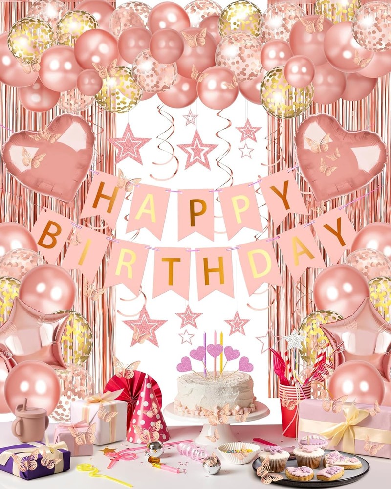 Rose Gold Happy Birthday Decorations, Banner & Foil Party Supplies