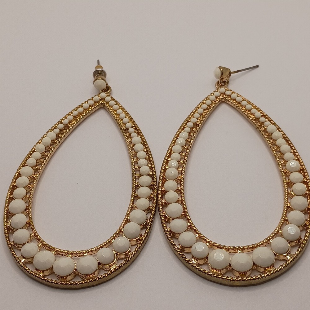 Vintage Teardrop Dangle Earrings with White Accents Gold Tone Statement Y2K