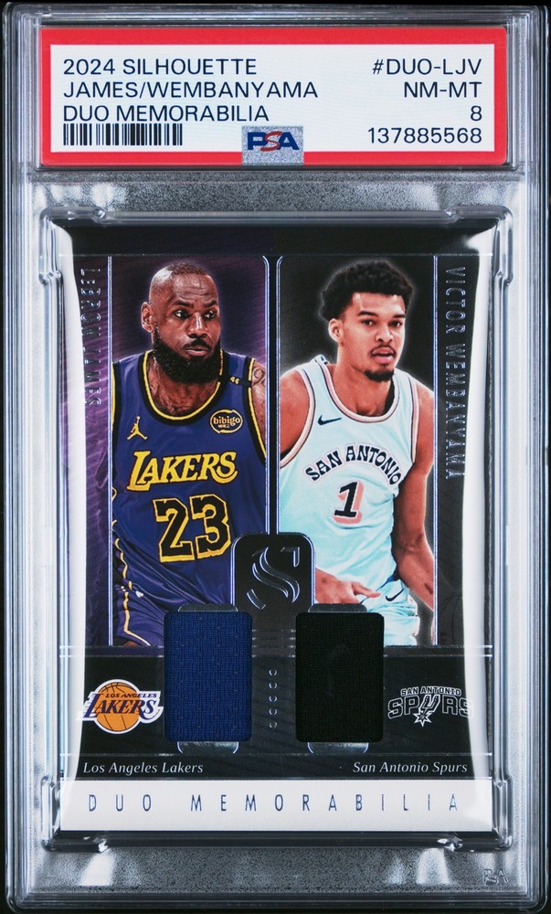 2024 Panini Silhouette Duo Memorabilia #DUO-LJV Lebron James Wembanyama PSA 8