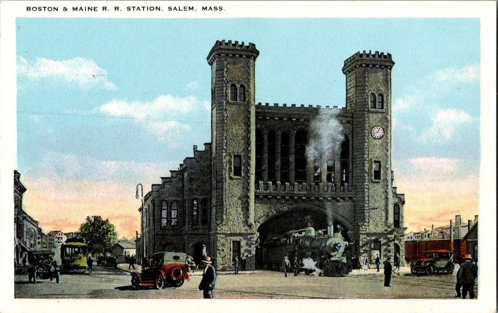 Boston & Maine Railroad Station Postcard Salem, Ma, Trains, Automobiles