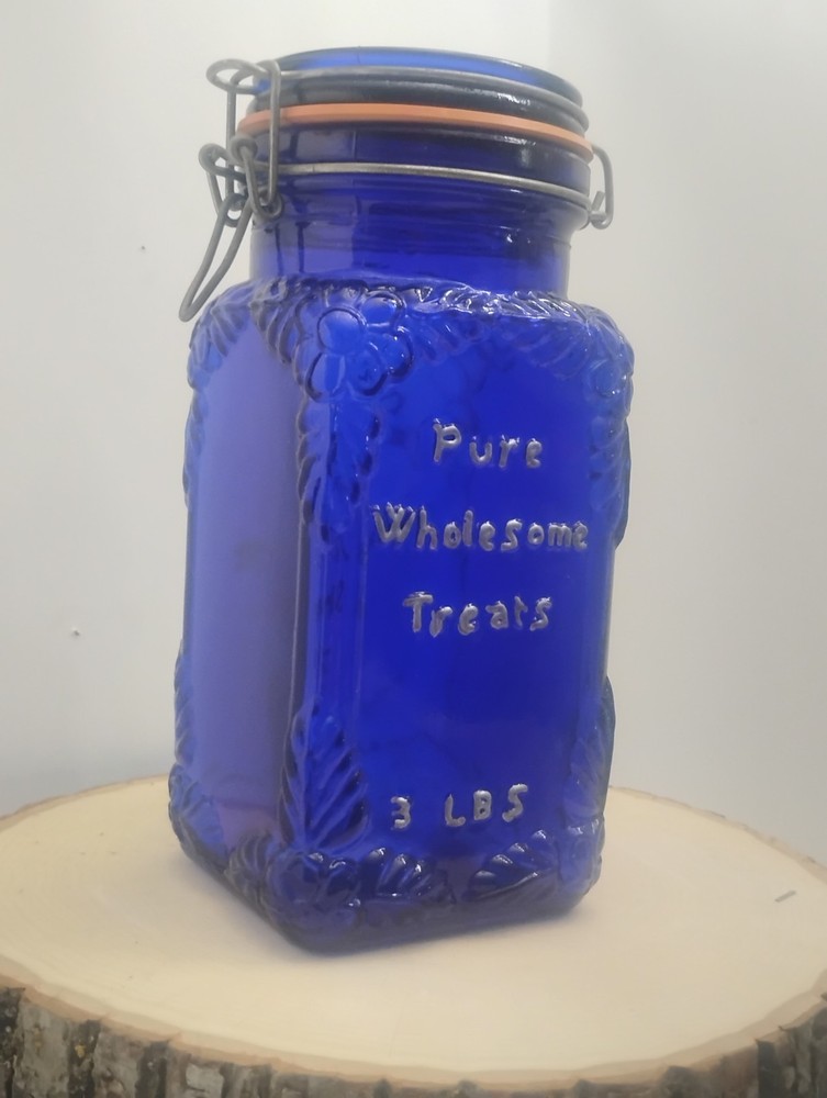 Vintage Cobalt Blue Glass Jar Canister THE SWEET SHOP 9” CROWNFORD GIFTWARE