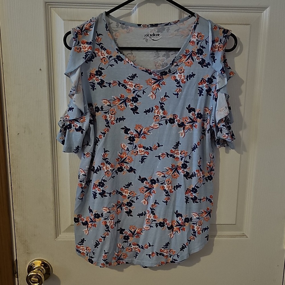 Joe Boxer Women's XL Floral V-Neck Ruffle Sleeve Blouse Light Blue Cotton Modal