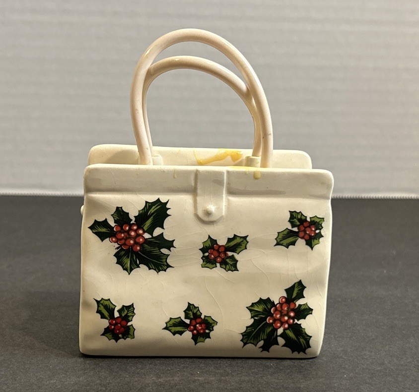 Vtg Lefton Christmas Ceramic Holly Berry Design Gift Bag #2526