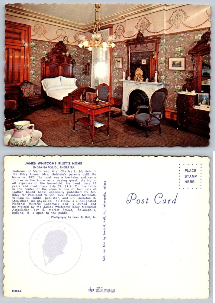 Vintage James Whitcomb Riley Home Bedroom Postcard Indianapolis Indiana Historic