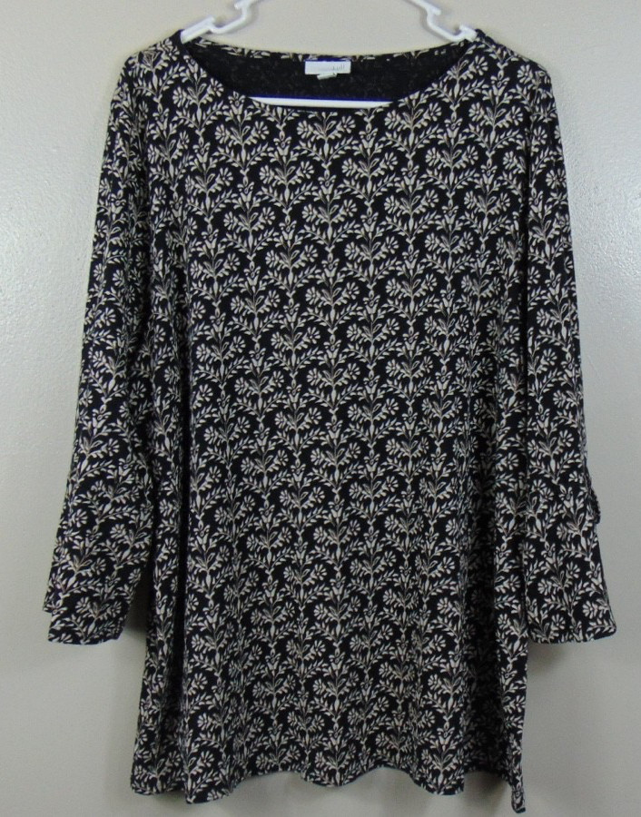J.Jill Black Floral Top Womens Size Xl 3/4 Bell Sleeves Boatneck Stretch Boho