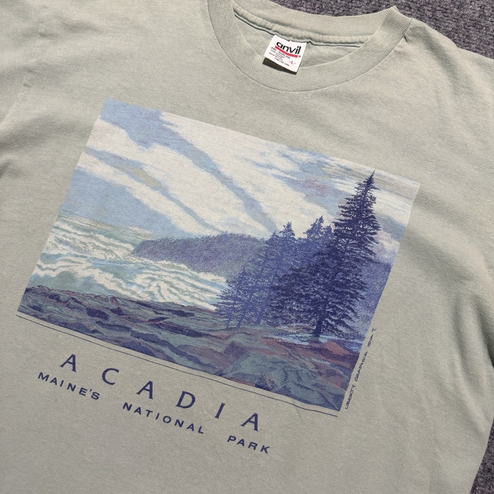 Vintage 1990 Acadia National Park T Shirt Mens L anvil Liberty Graphics Green-image