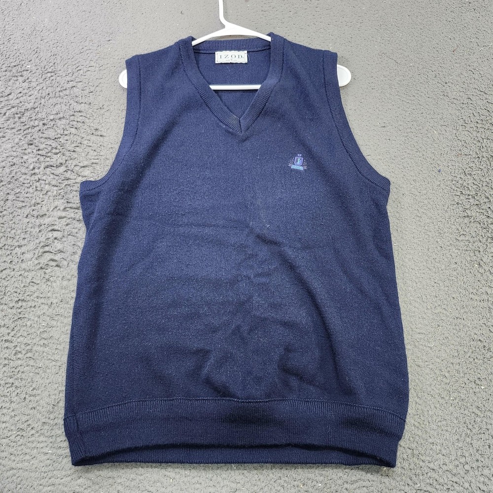 Vintage Izod Sweater Vest Mens Medium Blue V Neck Knit Pullover Logo Made USA