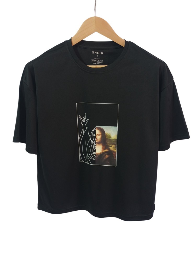 Black Mona Lisa Graphic Oversized T Shirt Mens S Streetwear Casual Tee