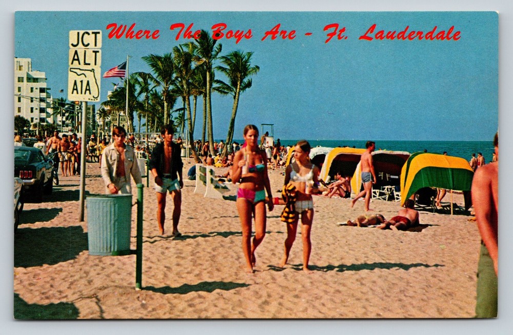 People at Beach w/ Swimsuits US Flag Fort Lauderdale Florida FL VINTAGE Postcard