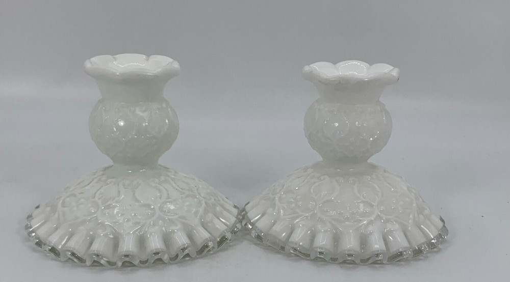 Vintage Fenton Spanish Lace with Silver Crest Milk Glass Candlestick Holders Set