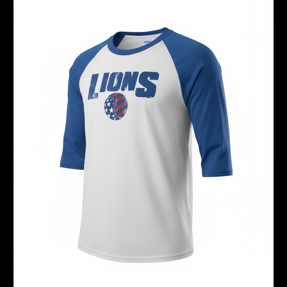 Y2K Sportswear Shirt Medium Blue White Raglan Lions Baseball Women's Gameday EUC