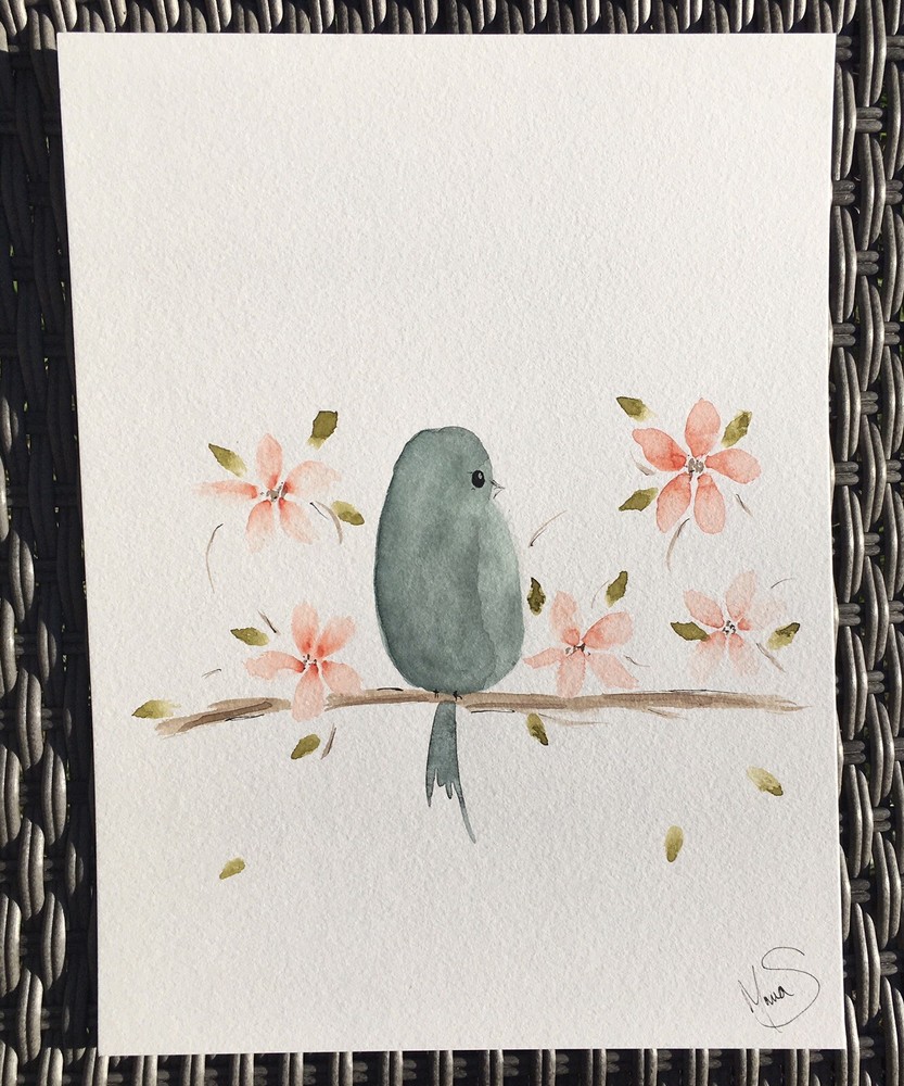 Maria Scalf Bird Nature Floral Flowers Animal Watercolor 9x12 ORIGINAL PAINTING