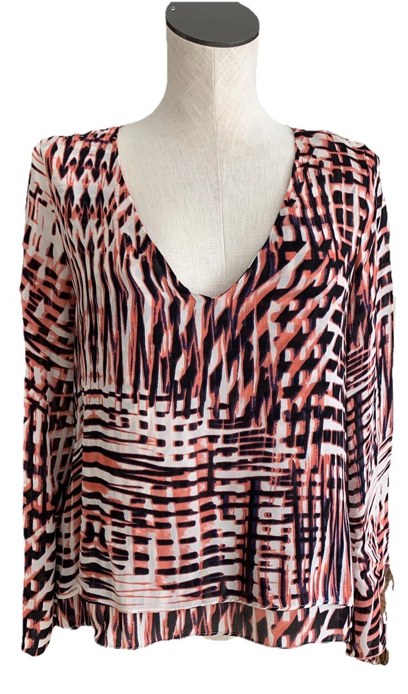 Parker Womens XS Coral Printed V Neck Flowing Long Bell Sleeve Top