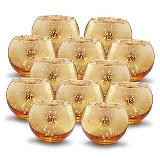 Round Gold Mercury Glass Votive Candle Holders Set of 12