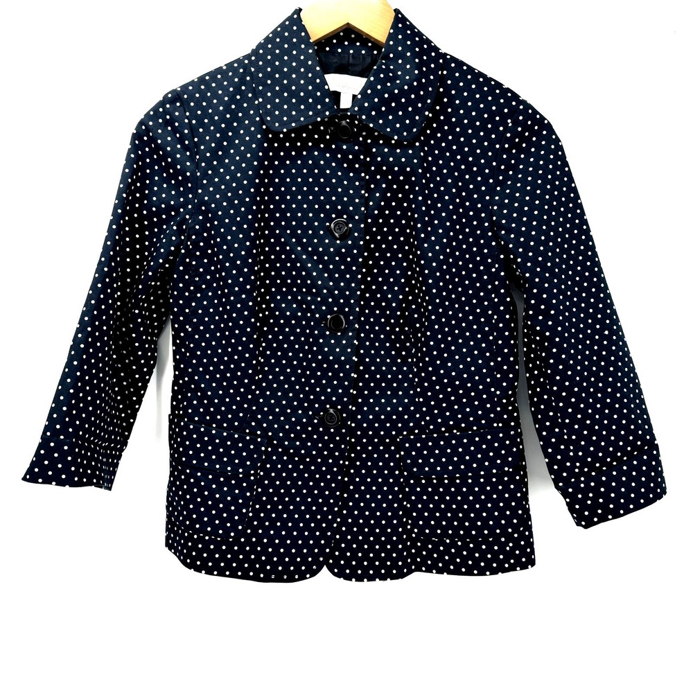 Talbots Blazer Womens Petite 2 2P Blue White Polka Dot 3/4 Sleeve Button Up
