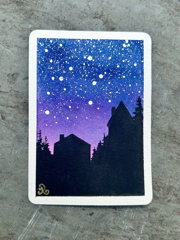 Homes In The Night-Original Watercolor ACEO Painting 2.5x3.5 ATC Card By Jenny A