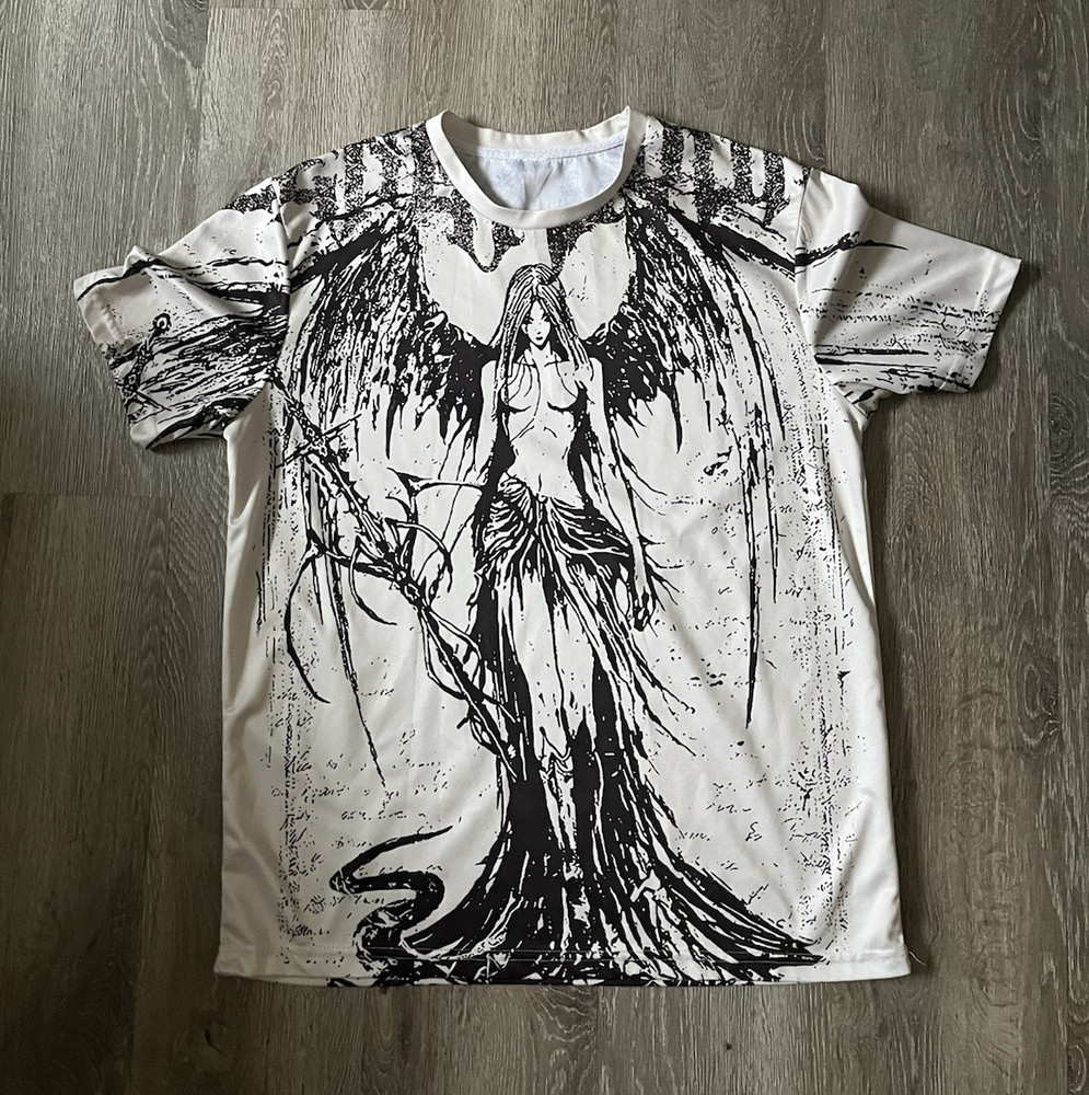Unisex Size M Crew Neck Short Sleeve T-Shirt Black White Angel Graphic