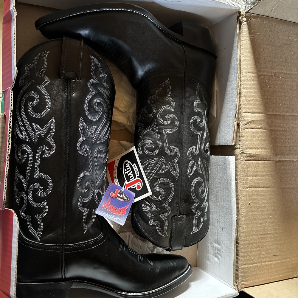 Justin Men's Black London Calf Leather 13in Western Cowboy Boots - Size 7.5D