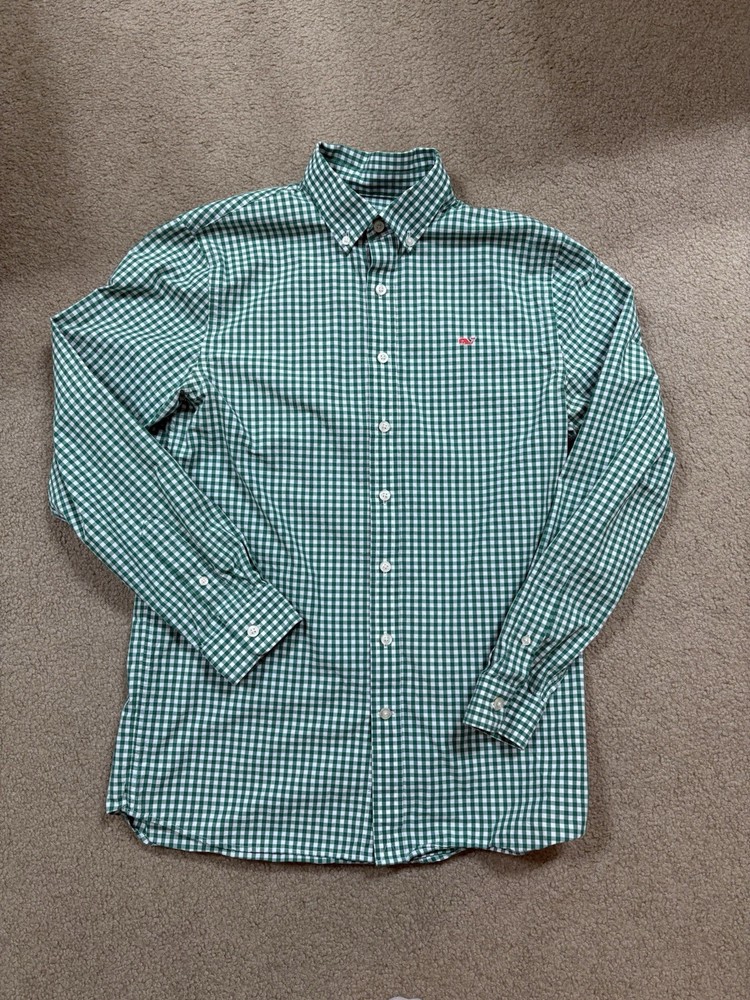 Vineyard Vines Green Gingham Whale Button Up Shirt Boys XL