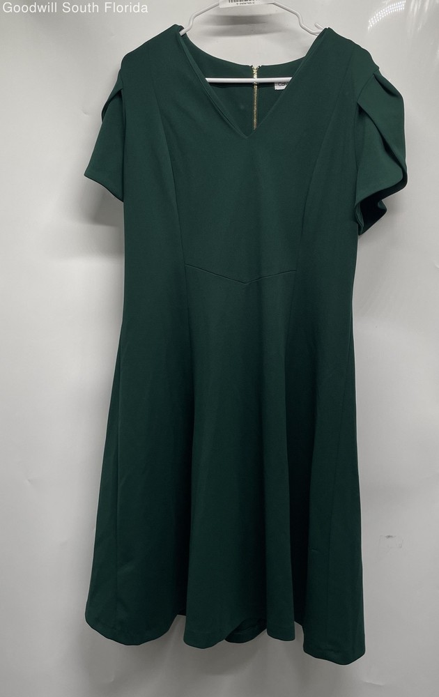 Calvin Klein Womens Green V-Neck Short Sleeve Back Zipper A-Line Dress Size 14
