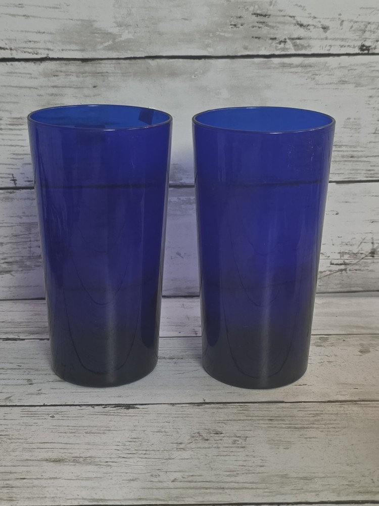 Vintage Libbey Cobalt Blue Glass Tumbler Round Bottom Tall 16oz Set of 2