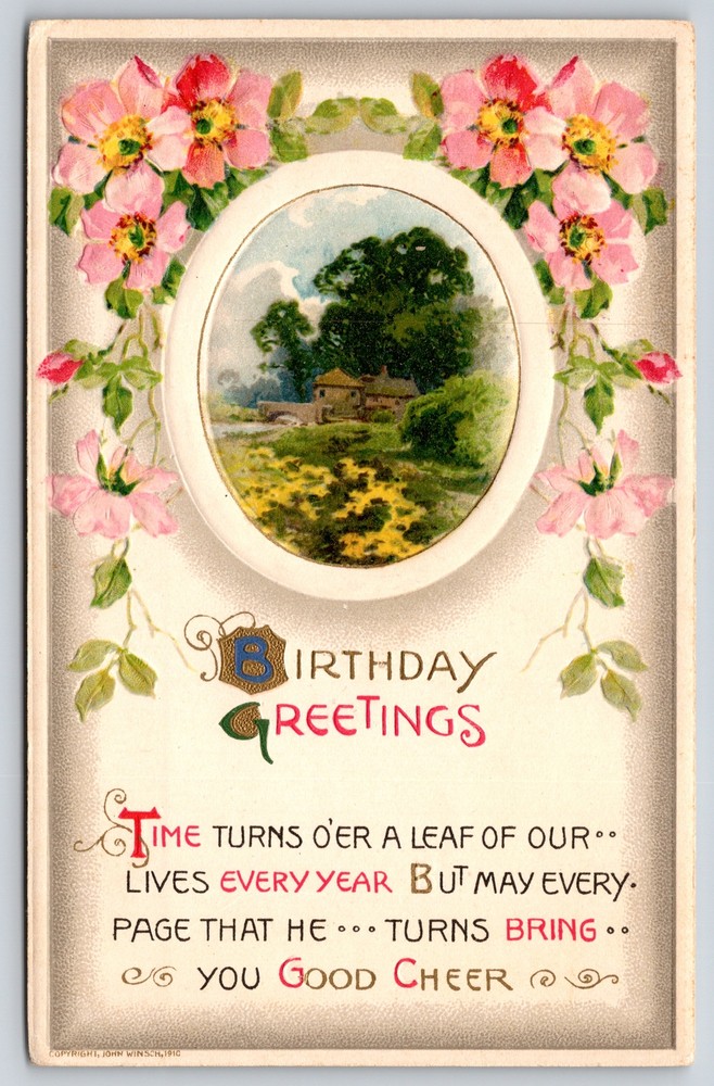 Greetings~Pink Flowers & Home In Circle Birthday~Winsch Pub Vintage Postcard