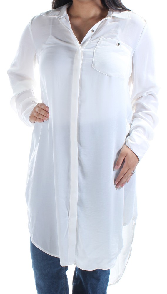 Rachel Roy Womens Ivory Sheer Button-Up Blouse with Cuffed Collar – No Cami