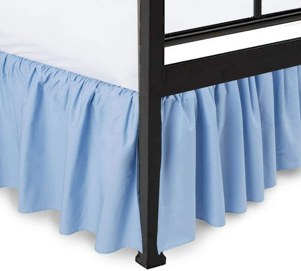 Ruffled Bed Skirt with Split Corners Queen LT-Blue 18 Inch Drop 100%Cotton 600TC