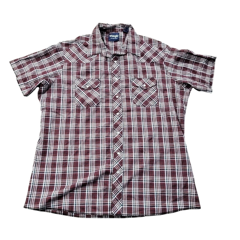 Wrangler Shirt Mens Size 2XL Red Western Plaid Button Up Short Sleeve Pearl Snap
