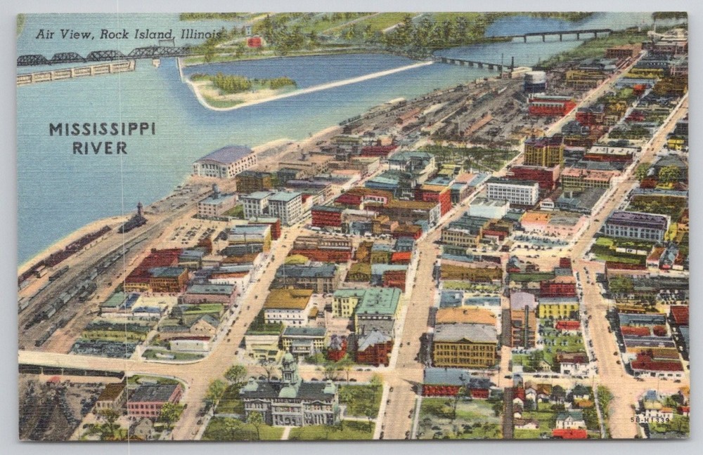 Rock Island Illinois Air View Mississippi River Vintage Curteich Postcard