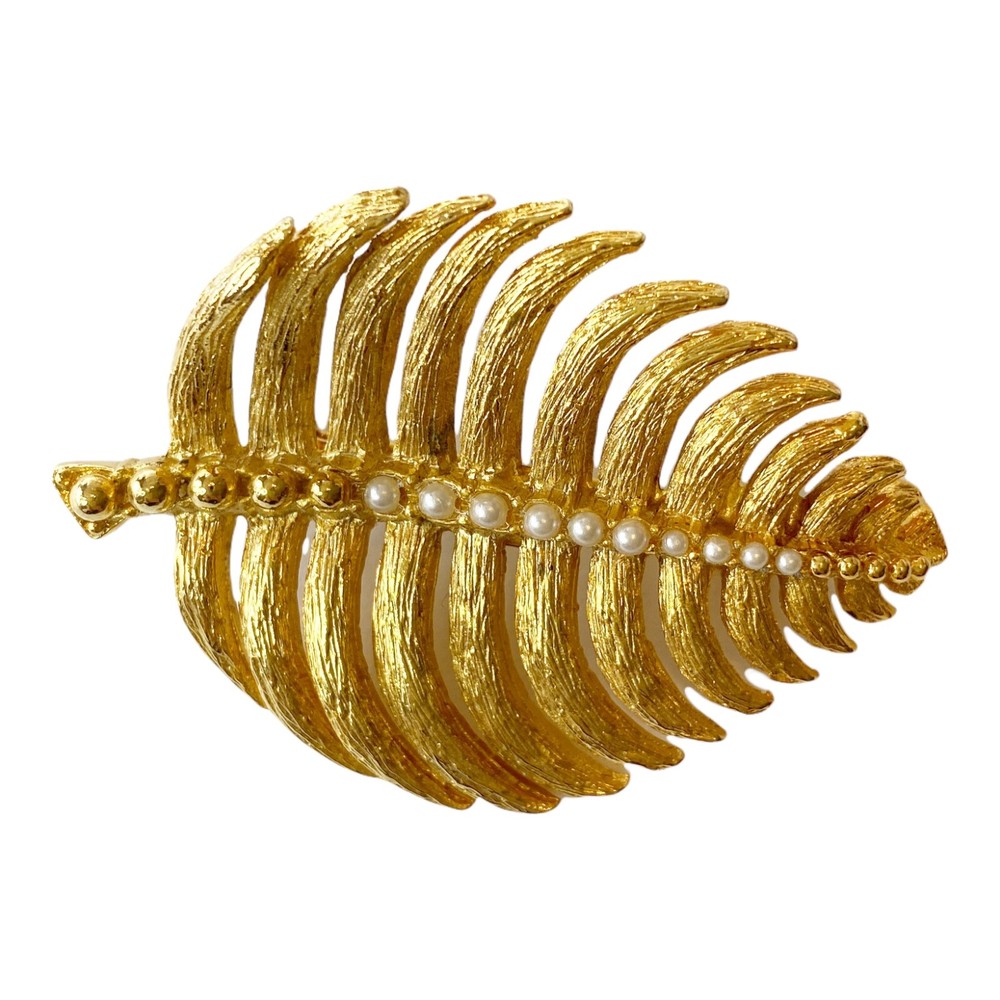 Vintage Brushed Gold Tone Faux Pearl Bead Leaf Brooch Pin Graduated 2.25