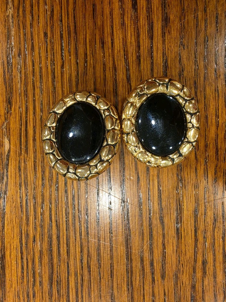 Givenchy Vintage Gold Tone Black Cabochon Clip On Earrings Signed Designer Paris