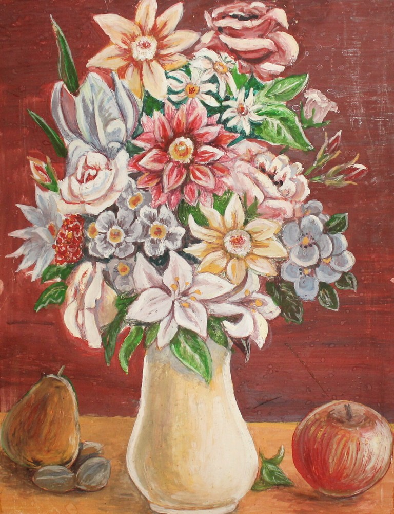 Vintage gouache painting still life with flowers and fruits signed
