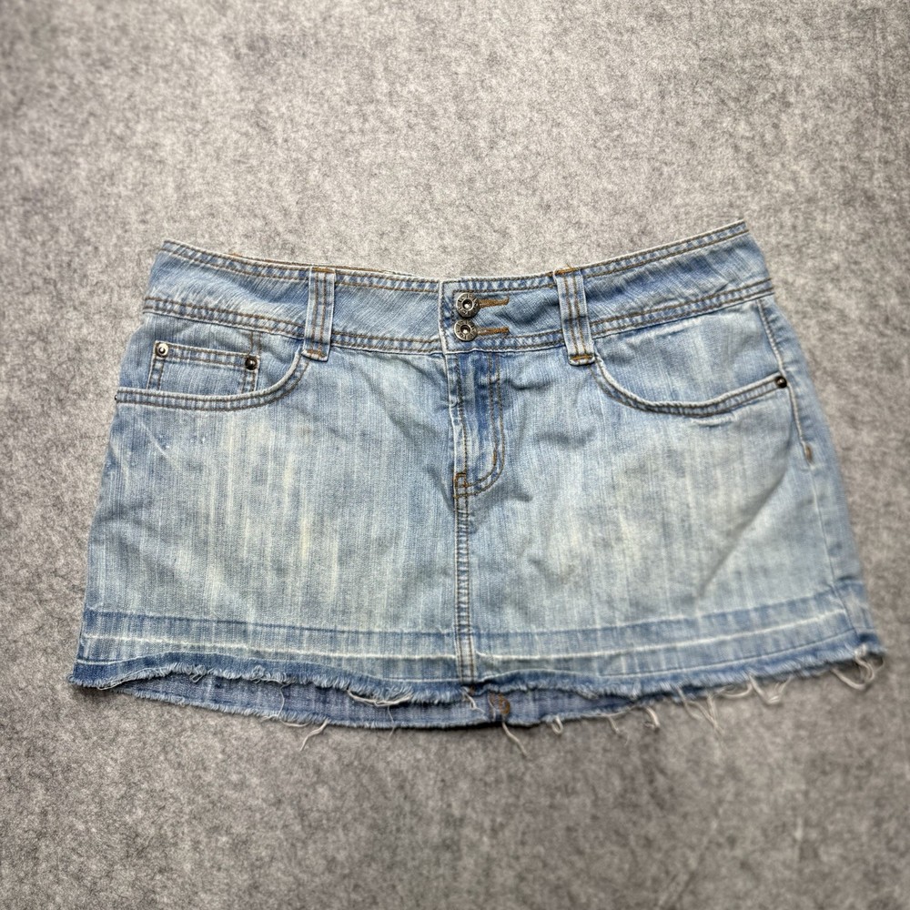 l.e.i. Ultra Low Rise Denim Mini Skirt Blue Jean Raw Hem Juniors 11 Y2K