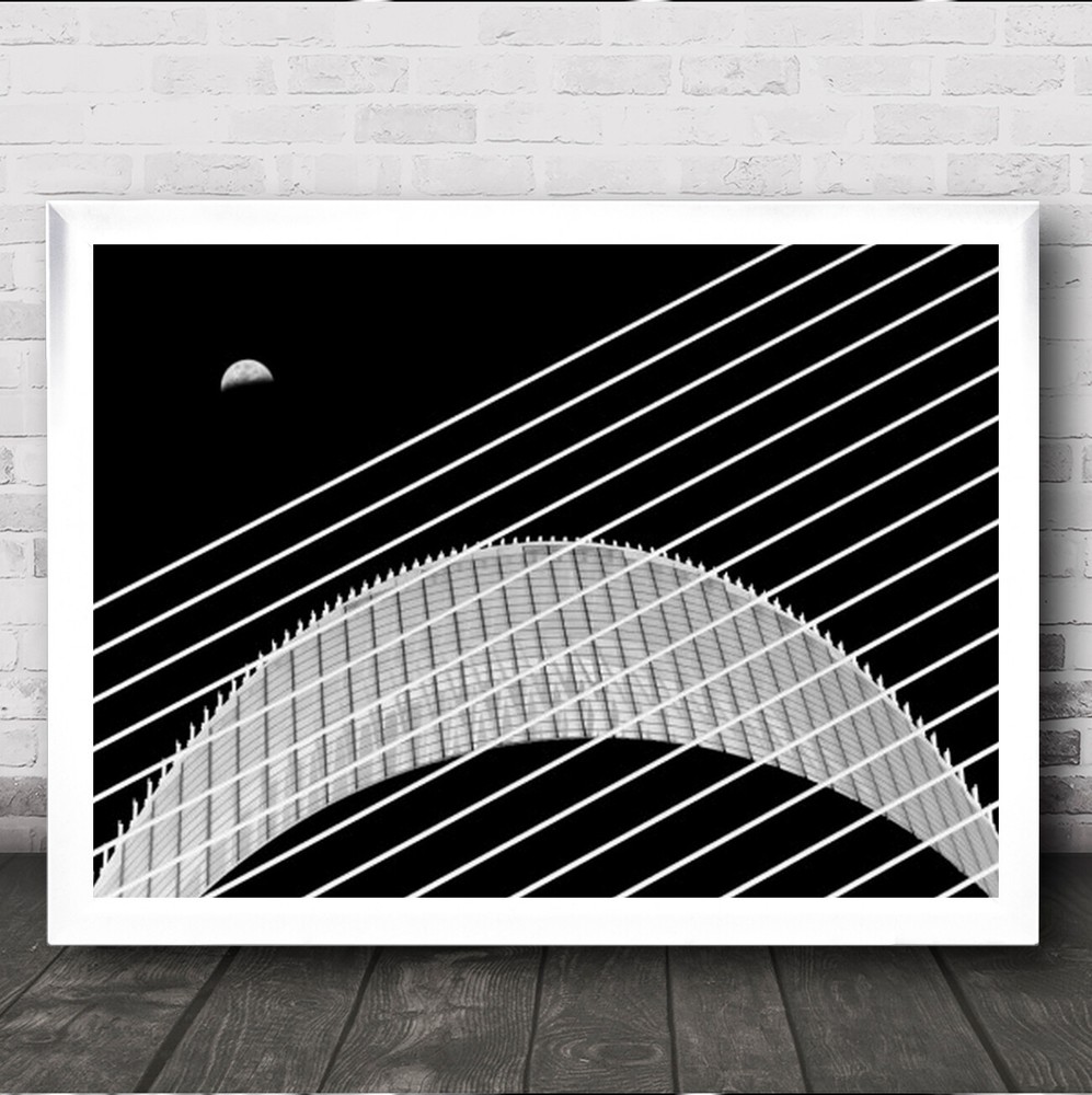 Two Moons Moon Graphic B&W Contrast Strings Lines Cables Abstract Wall Art Print-image