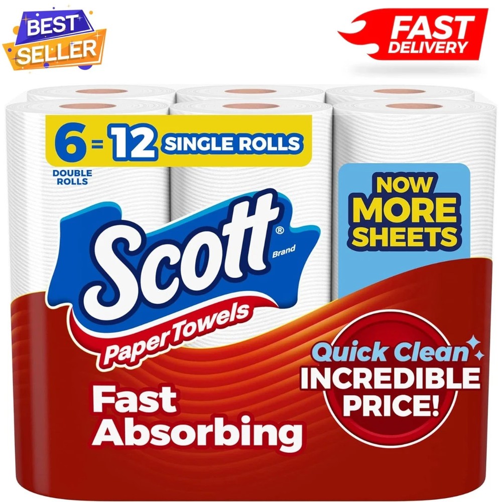 Scott Paper Towels, Choose-A-Sheet, 6 Double Rolls = 12 Regular, 100 Sheets/Roll