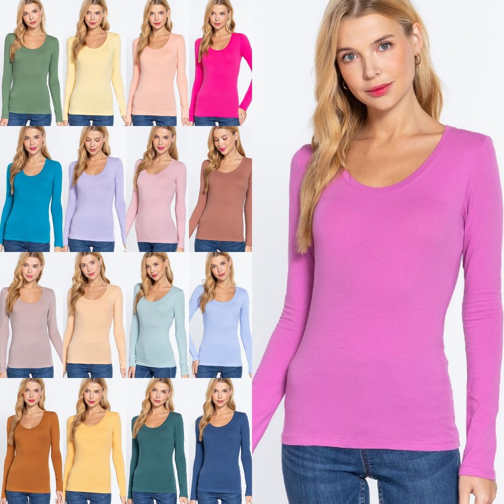 Women's Round Neck Long Sleeve T Shirt Basic Stretch Cotton Top US Slim Fit
