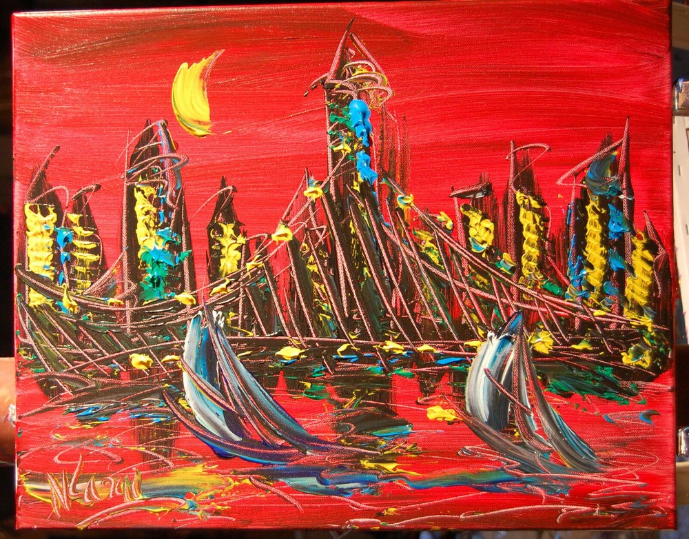 RED SKY   MARK KAZAV - ORIGINAL OIL PAINTING ABSTRACT MODERN ART RED BLUE 5656C