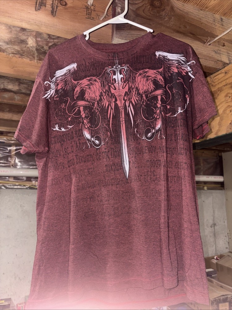 Vintage Y2K Men's Size 2XL Helix Sword With Wings Double-Sided Red/Black T-Shirt