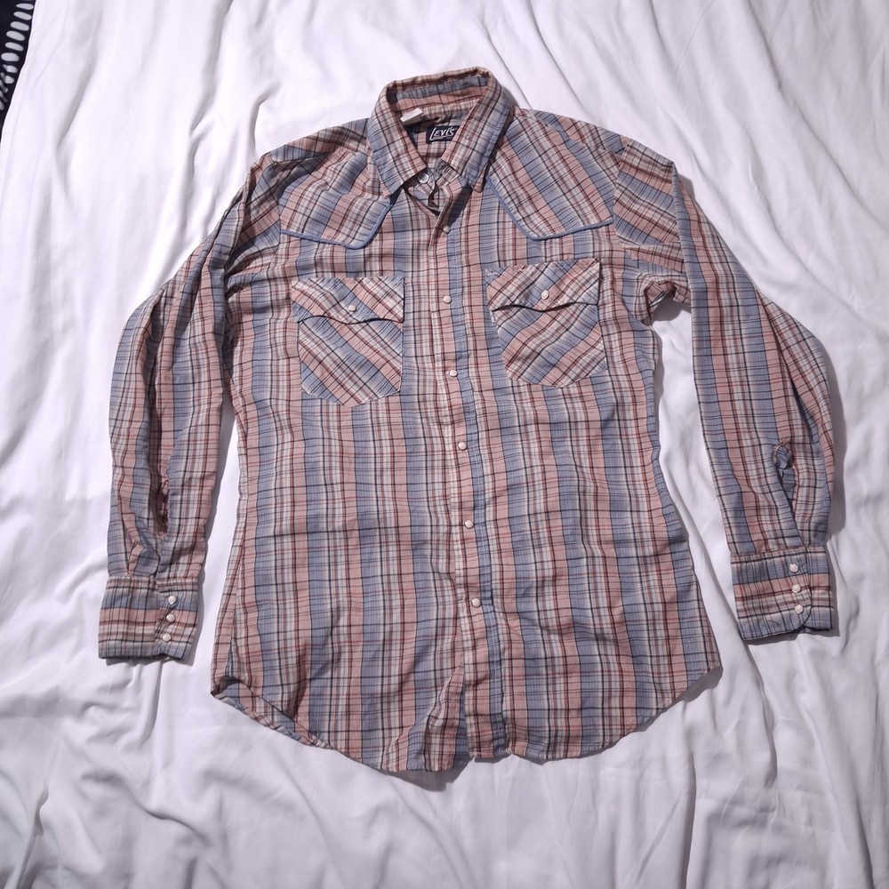 VTG Levis Western Shirt Mens Medium Blue Plaid Pearl Snap 80's Made In Usa