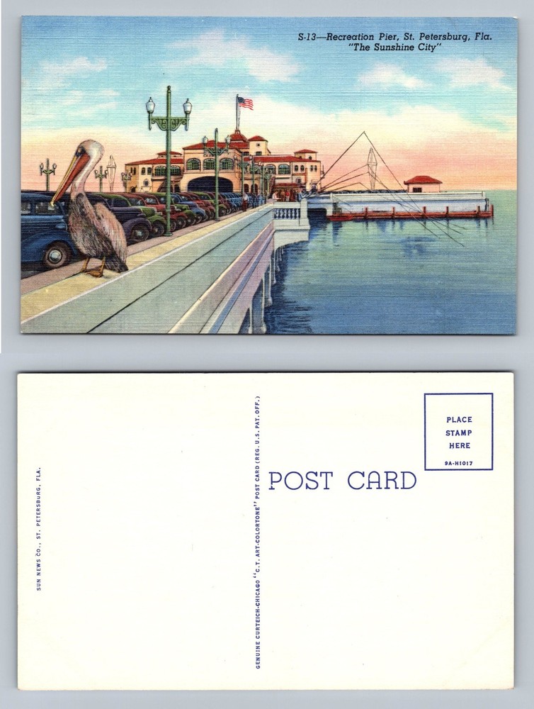 St. Petersburg, Florida, Recreation Pier Cars Pelican Old View Vintage Postcard