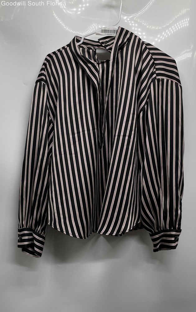 Zara Basic Womens Black Striped Long Sleeve Tie Neck Blouse Top Size M